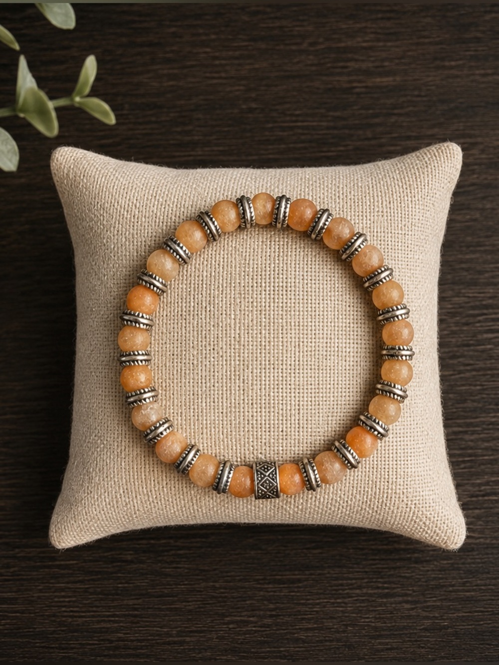Women's Orange Bead Stretch Bracelet with Silver-Tone Accents